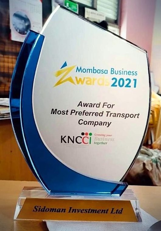 The Sidoman Investment Ltd trophy for Most Preferred Transport Company at the Mombasa Business Awards 2021 (KNCCI)